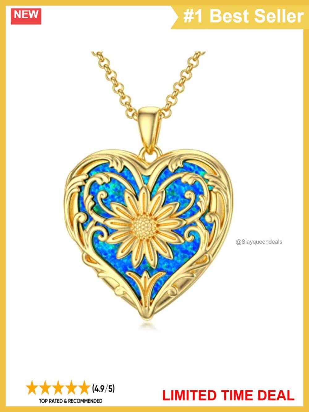 10K Gold Heart Locket Necklace Opal Sunflower Photo Pendant 18+2" Chain